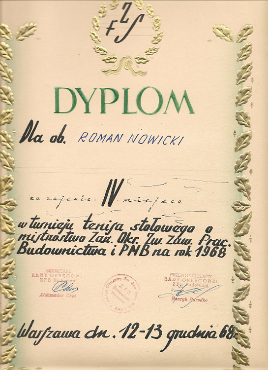 Dyplom Tenis stołowy 1968